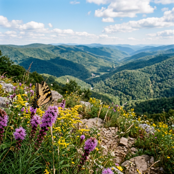 Yellow and black butterfly on purple and yellow wildflowers with green mountains and blue sky in background