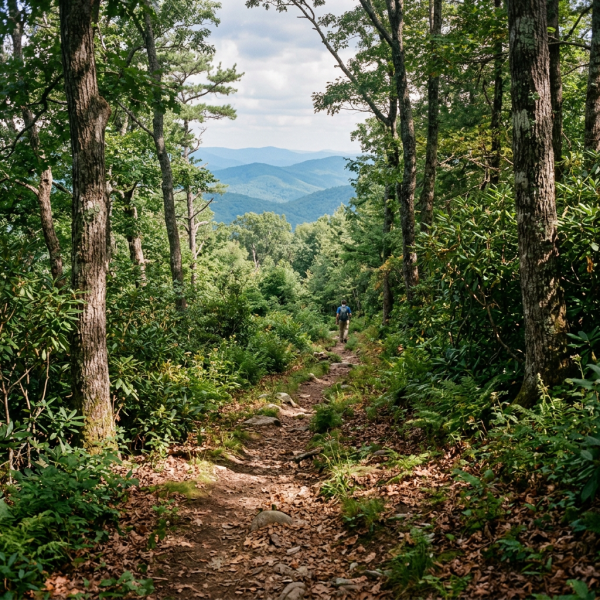 Hiker walking on rocky forest trail surrounded by green trees and bushes, with blue mountain ridges in background